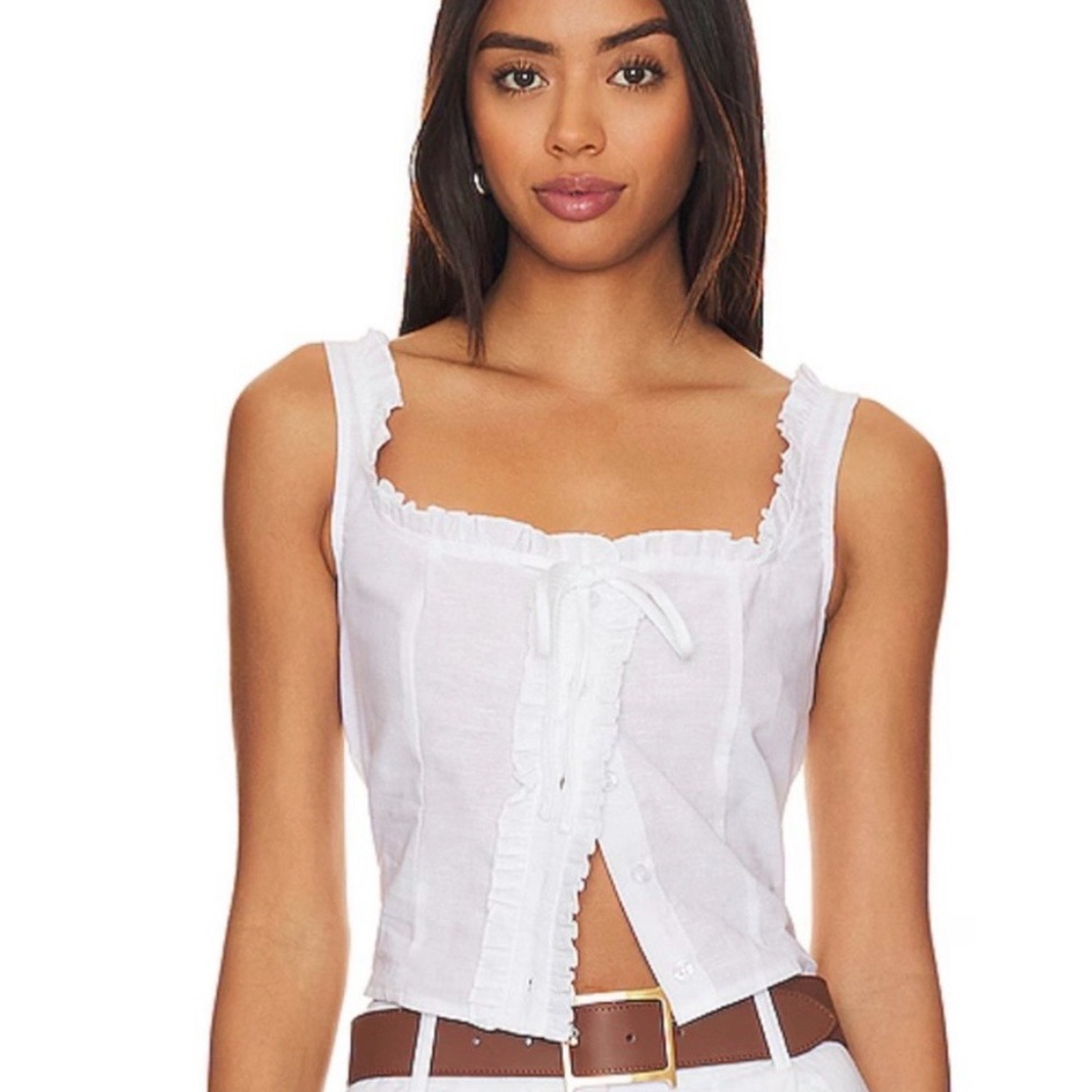 Revolve SYNDS Cottage White Linen Ruffle Crop Top Milkmaid Corset Tie Small